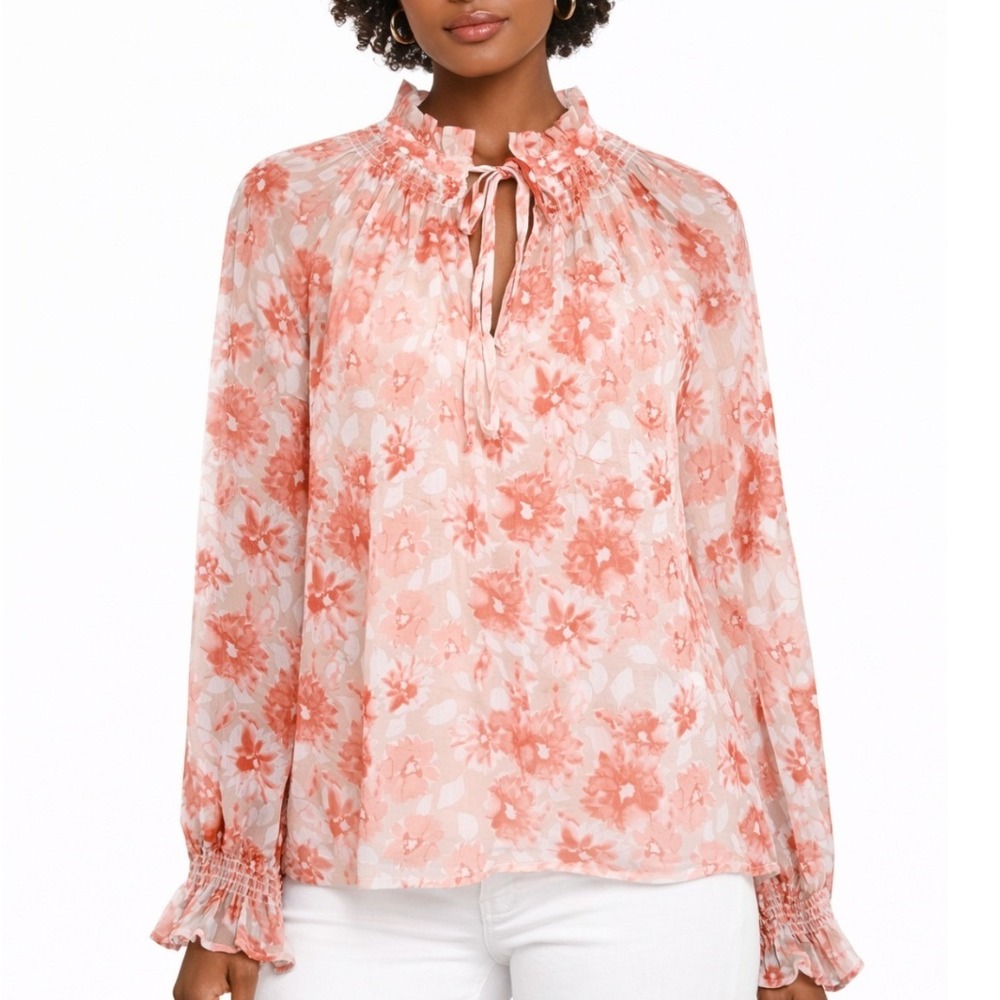 Fate Women Coral Floral Ruffle Neck Tie Front Chiffon Blouse Smocked Cuff Size S